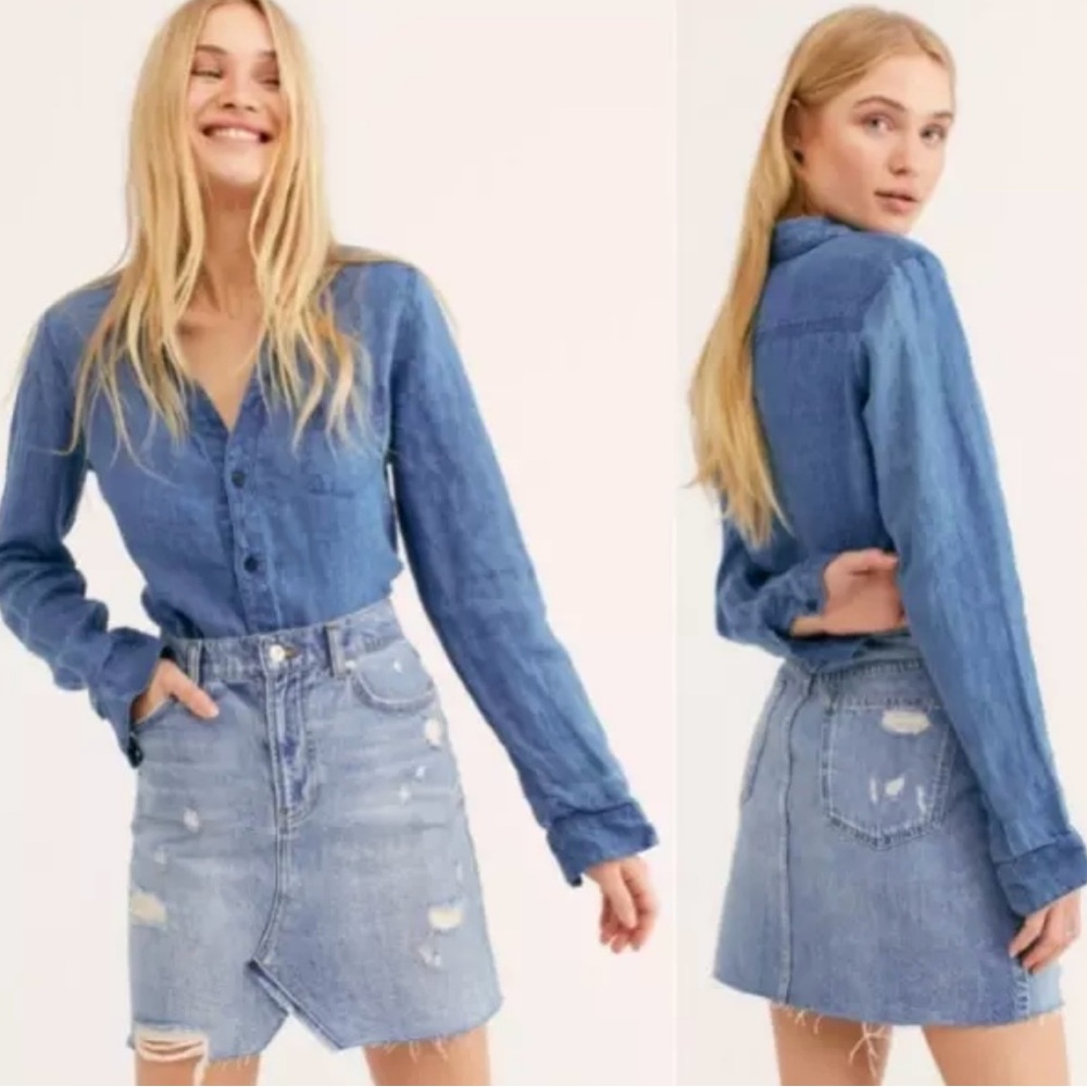 Free People Hallie Denim High Waist Distressed Frayed Hem Skirt Size 24